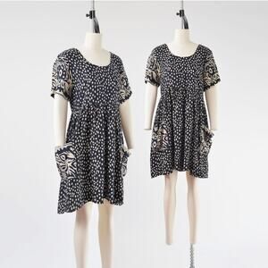 Vintage 90s Black Beige Polka Dot Boho Babydoll Dress with Pockets size S M